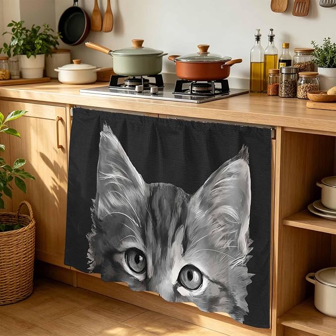 Black Cat Cabinet Curtain 35"Wx35"L, Dustproof Under Sink Skirt with Self Adhesive Tape, Cute Pets Eyes Fur Vintage Oil Painting Cabinet Curtain Cover for Kitchen Sink, Bathroom Vanity, Laundry Room