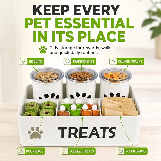 Dog Treat Organizer, 3 Pack 28 Oz Metal Dog Treat Containers with Airtight Lids, Dog Treat Jars and Canister Set for Countertop, Pet Food Treats Station for Dog Cat Biscuits, Kibble(White)
