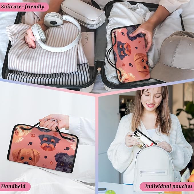 Dogs Makeup Bag for Women Hanging Roll-Up Travel Organizer Toiletry Kit with 4 Removable Compartments, Cute