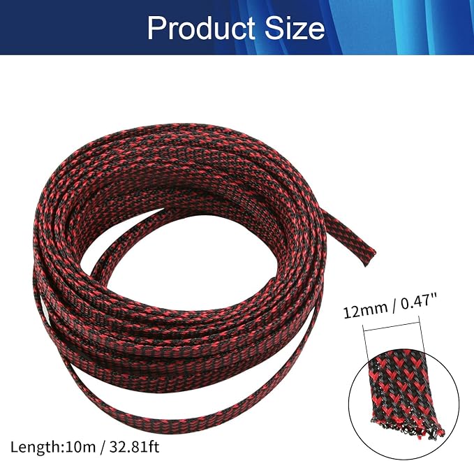 Jutagoss PET Expandable Braided Cable Sleeve, 32.8ft - 1/2 inch Black Red Cable Management Sleeve, Wire Loom Tube Cord Protector for USB Cable, Power Cord, Audio Video and More, 1Pc