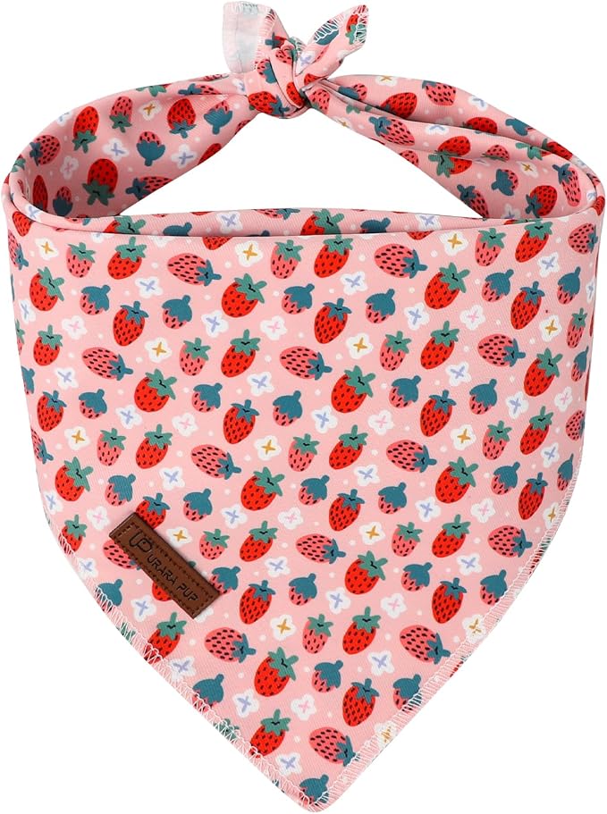 Summer Dog Bandana, UP URARA PUP Strawberry Triangle Bid Scarf for Medium Large Dogs, Cotton Kerchief for Girl Boy Puppies, Cute Spring Bandana,L