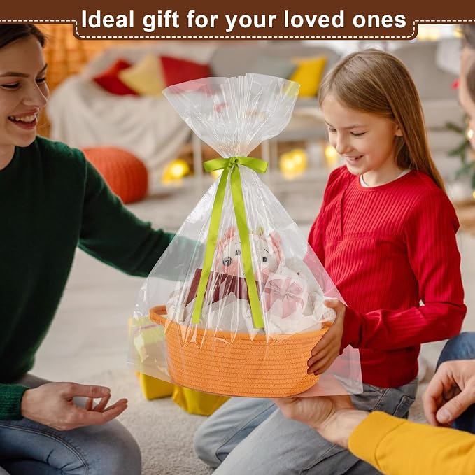 OIAHOMY Gift Basket with Handle, Small Woven Basket with Gift Bag, Ribbon and Wrap Tissue Paper, Nursery Bins Empty to Fill with Small Items, Baby, Pet Toy Organizer - Orange