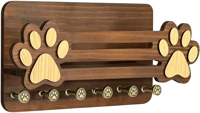 Dog Leashes Holder Wall - Cute Paw Design Hook Rack, Wooden Organizer Stand, Multi Hook Storage Mount | Apartment Indoor Key Holder for Apartment Indoor
