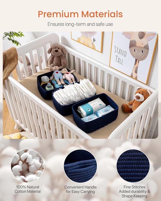 KALLAX Small Woven Storage Basket for Organizing, 13.5x9.5x5 inches, 3 Pack | Shelf baskets for closet organization, toy storage and home decor, Perfect as empty gift baskets for holidays, Navy Blue
