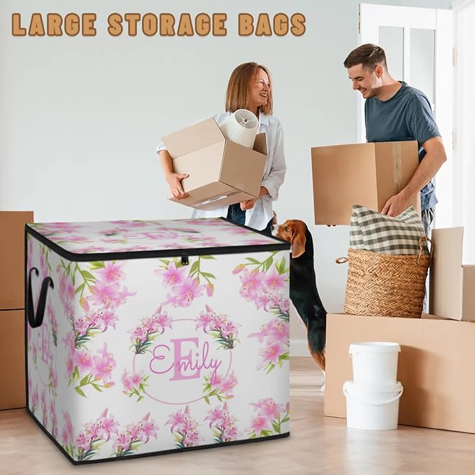 Personalized Extra Large Storage Basket with Lid, Comforters, Bedding Toys Storage Bin with Handles for Home, Collapsible Basket for Clothes, Moving, Car Trunk, Bright Violet Pink Lily Flower