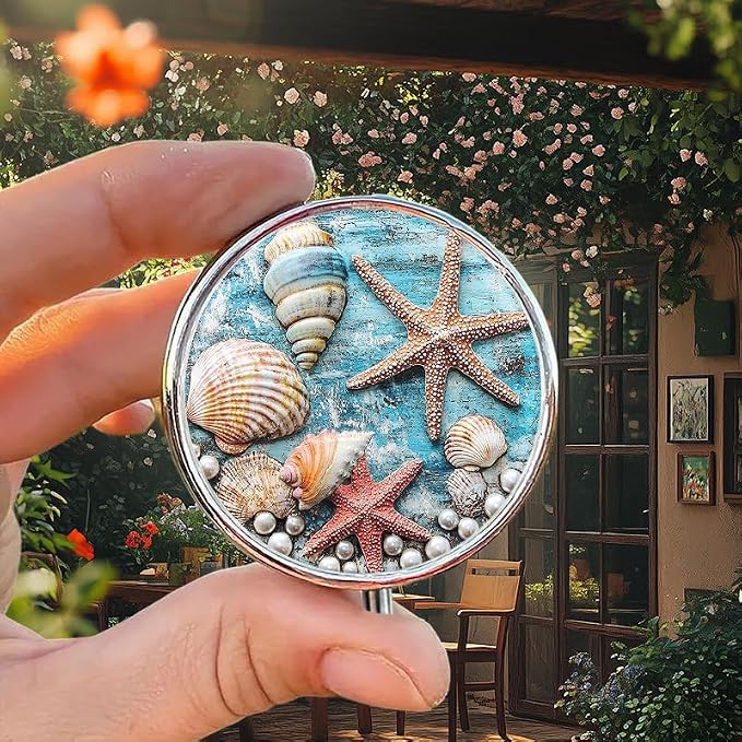 Portable Round 3 Compartment Metal Pill Box Beautiful Marine Style with Starfish Shells and Pearls for Travel Organizing Beach Trips and Home Decoration