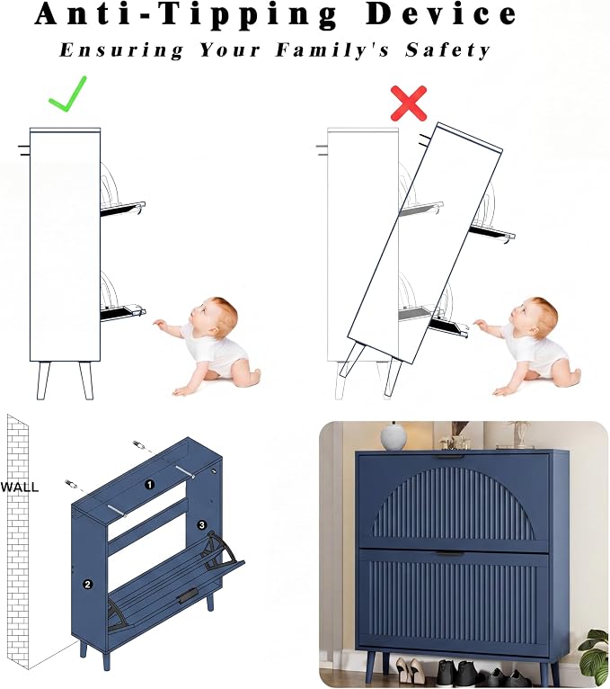 Shoe Storage Cabinet with 2 Flip Drawers, Narrow Wood Shoe Organizer Cabinet with Fluted Panel, Slim Shoe Rack for Entryway, Freestanding Shoe Cabinet for Living Room, Hallway, Blue
