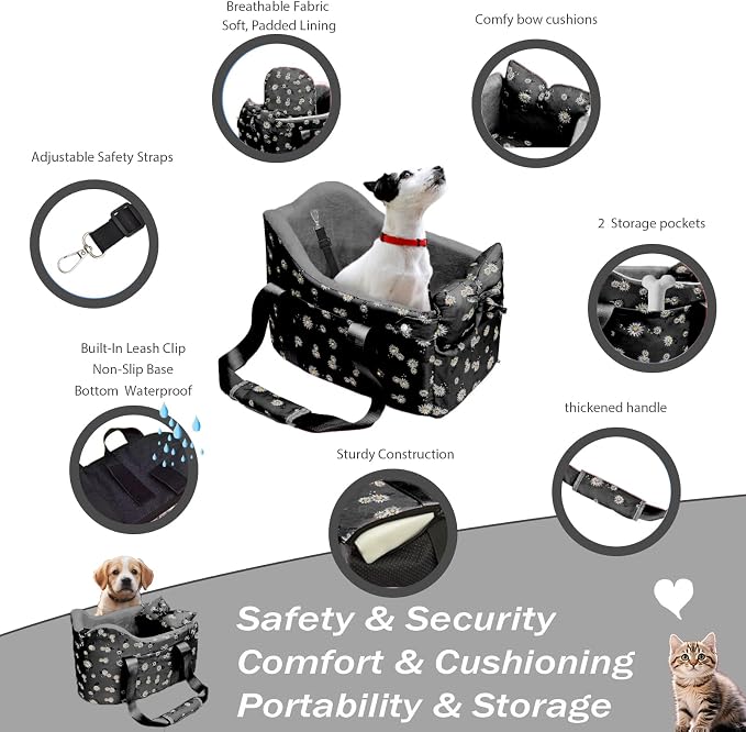 Center Console Dog Car Seat for Small Dogs Up to 11 Lbs | Anti-Collapse Booster Armrest Pet Bed For Chihuahuas And Yorkies, Black