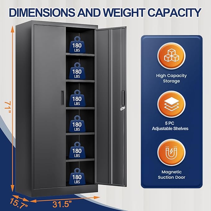 BESFUR Metal Storage Cabinet with 2 Doors and 5 Adjustable Shelves Garage Storage Cabinet with Lock 71" Office Storage Cabinets Locking Cabinets for Garage Office Shop Home (Black)
