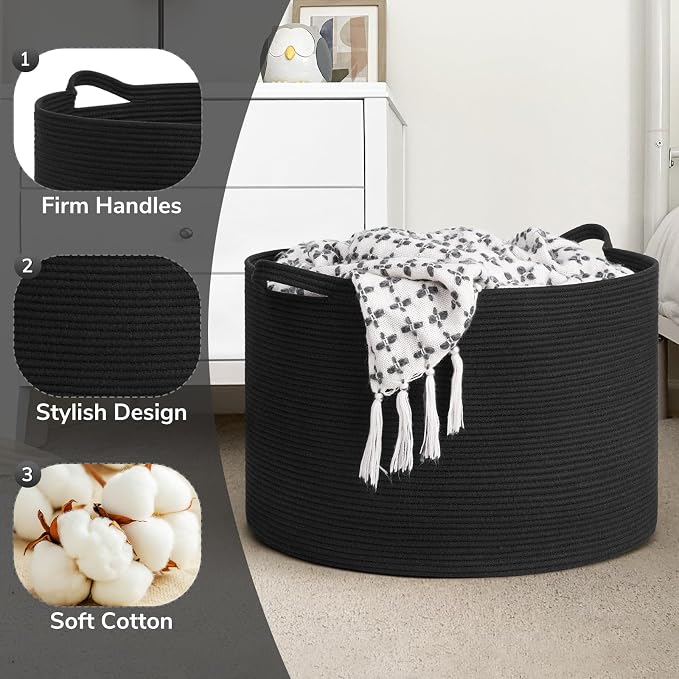 Goodpick Extra Large Woven Dirty Clothes Basket for Nursery, 115L | 23.5 x 23.5 x 15.8 In Storage Basket for Nursery, Blanket Basket for Towels Clothes, Balck