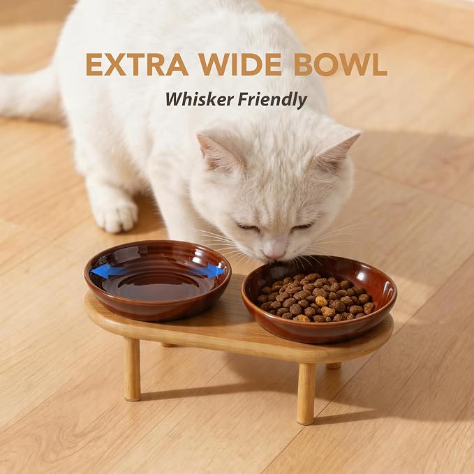 Havniva Elevated Cat Bowls, Ceramic Cat Bowl with Bamboo Stand Wide Opening | 5.7” Raised Cat Food Bowls, Whisker Friendly Cat Dish, Anti-Slip Cat Water Bowls, Shallow Cat Bowls, Cat Food & Water Bowl