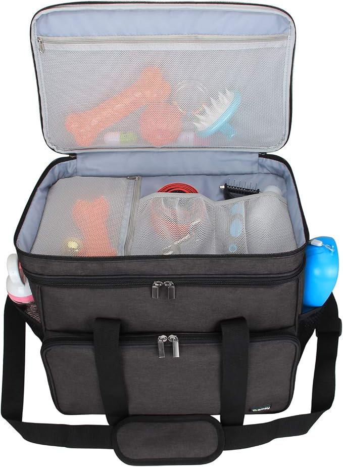Teamoy 2 Layer Dog Travel Bag, Pet Supplies Weekend Tote Organizer, Black | Large Dog Bag for Supplies with 2 Silicone Collapsible Bowls, 2 Food Carriers, 1 Water-Resistant Placemat