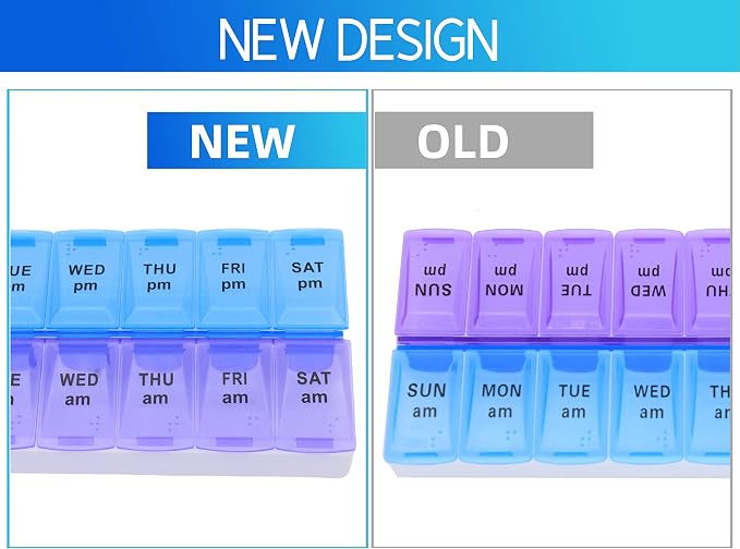 7 Day Weekly AM PM Pill Organizer, ShysTech Large Pill Case Pill Box for Pills Vitamin Supplements Medication (Purple/Blue)