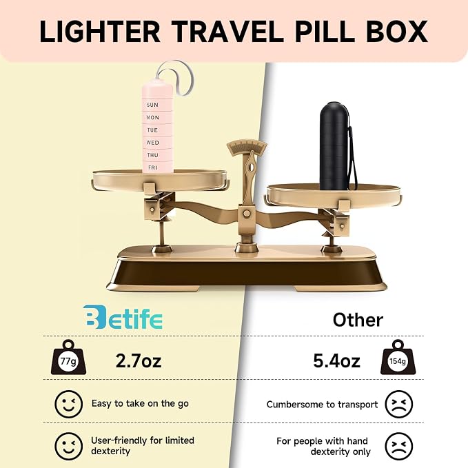 Betife Travel Pill Organizer, 7 Day Stackable Weekly Pill Case - Pink | Daily Pill Container with 7 Large Stackable Compartments, Sturdy ABS Snap-lock, No Metal-on-Metal Friction, Portable Pill Box