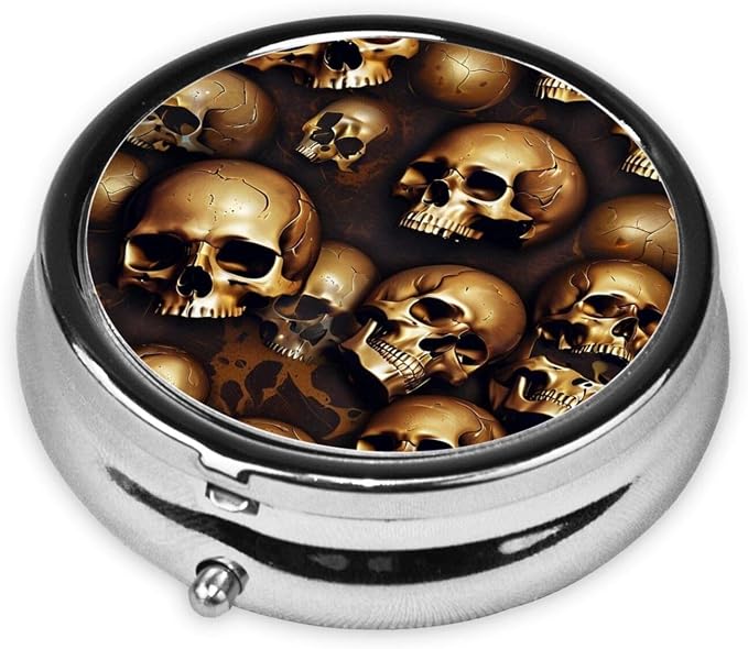 Purse Pill Case, Cool Skulls Head Mini Round Holder, Portable Organizer for Medicine, Travel Pill Box Pocket Carry for Seniors