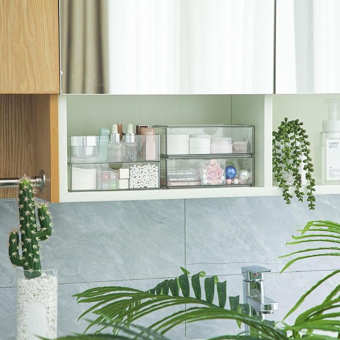 CroBlissful Medicine Cabinet Organizer 4 Tier Stackable Makeup Organizer Tray with 2 Drawers 2 Storage Box 1 Lip Gloss Holders and 1 Movable Partition for Bathroom Cabinet Wall Vanity