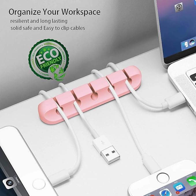 TviewSmart Cord Organizer for Desk, 5 Pack Cord Holders, Cable Clips, Pink | Silicone cable management clips self adhesive for nightstand and charger, 7-5-3-1-1 slots hold USB and phone cords up to 6 mm