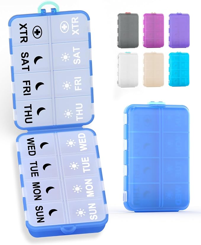 Pill Organizer Travel Medicine Organizer - Weekly Pill Organizer with 2 Extra Compartments, Clear Printed Labels, AM PM Pill Dispenser