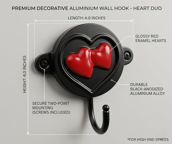 Aluminium Heart Print Wall Hook for Entryway, Bedroom & Bathroom | Decorative Heavy Duty Wall Mounted Coat Hook for Keys, Hats, Towels, Bags & Home Décor Organizer