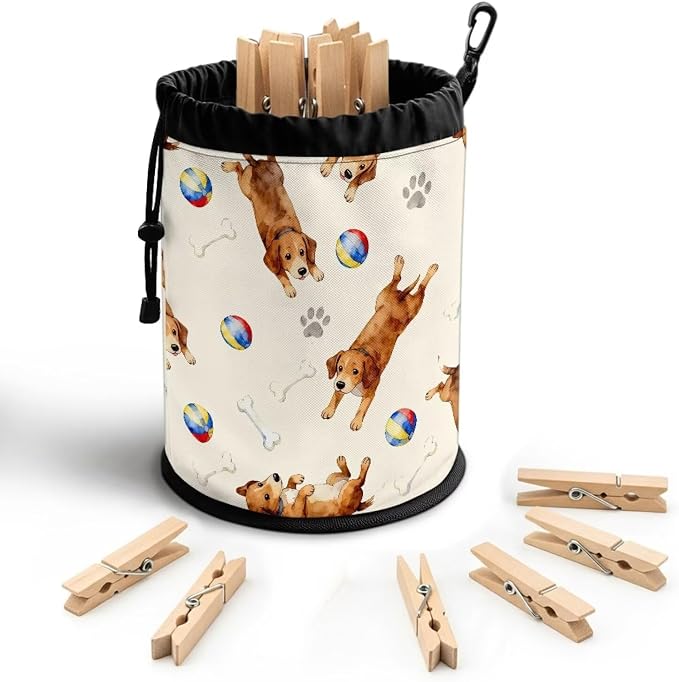 Clothespin Bag Organizer Drawstring, Puppy Pet Toy Laundry Peg Storage Pouch with Button Hanger, Portable Clips Holder for Drying Rack, Camping, Beach & Home