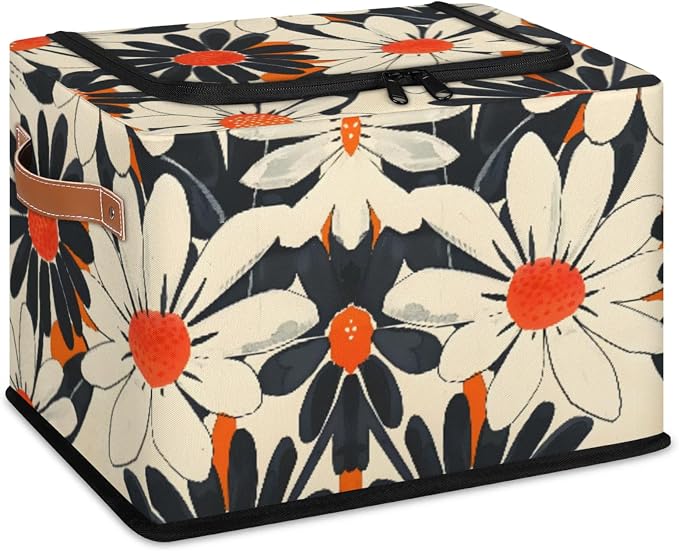 Orange Flowers Storage Bins With Zipper Lid, Collapsible Trunk Organizer, Car Organizers and Storage Bins with Lids, Decorative Storage Boxes with Handle, Home Storage Baskets for Organizing
