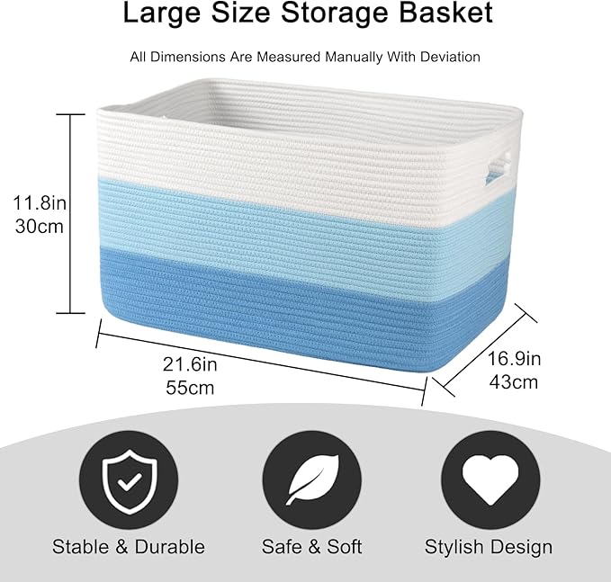 OIAHOMY Blanket Basket Laundry Basket Dog Toy Basket 75L Light Blue | Large Storage Basket,Baby Basket,Toy Storage,Woven Rope Basket for Blankets,Blanket Storage for Living Room