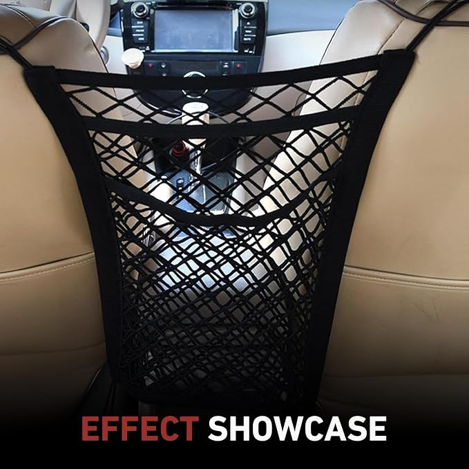 3-Layer Car Mesh Organizer, Front Seat Back Net Bag, Stretchable Kid Dog Car Net Barrier Pet Divider Storage, Universal Hanging Storage Netting Pouch for Most Auto, Sedan, SUV