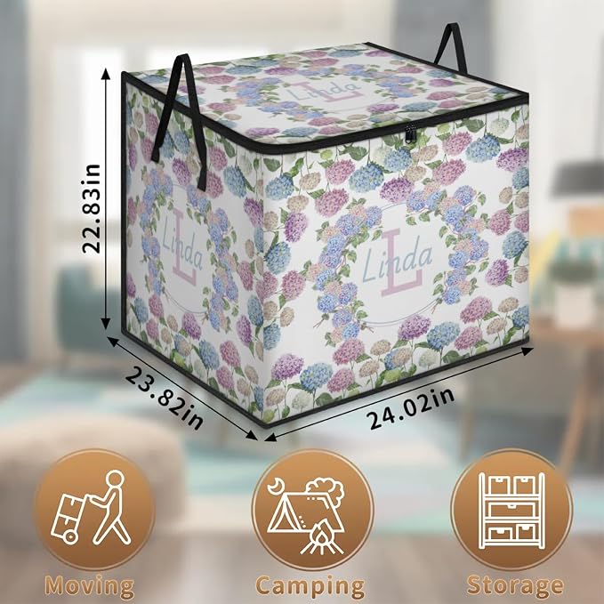 Custom Extra Large Storage Baskets with Lid, Personalized Initial Letter Storage Bins Basket Boxes Handles Clothes Blanket Bedroom Closet Organizing Shelves, Watercolor Blue Pink Hydrangea Floral