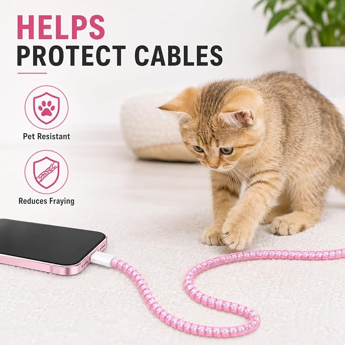 Cable Protector Animal Proof Wire Repair, Pink Cord Protector for Pets Headphone Saver Spiral Cable Wrap Strain Relief, Cord Sleeve for Phone Cable USB Date Cable