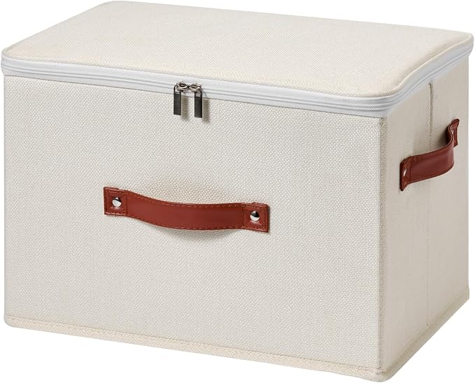 Storage Bin Box with Zippered Lid Decorative Collapsible Basket | Cotton Linen Fabric, Washable Foldable Stackable Clothes Container, Closet Shelf Organizer w/ PU Leather Handles, Beige-Large