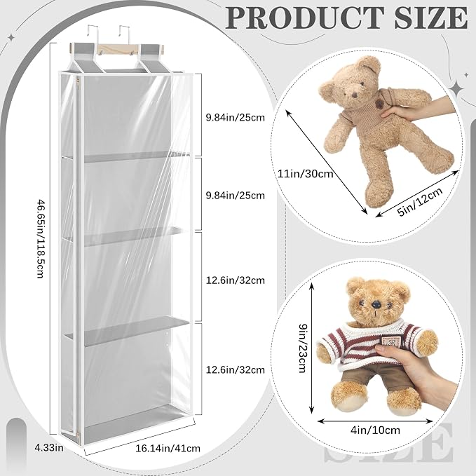 SATINIOR Hanging Stuffed Animal Storage with Zippers Dustproof over The Door Organizer with Large Pockets Different Hanging Methods for Shoes, File (Light Gray,4 Layer)