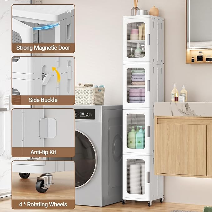 BROVIEW 3-Tier Tall Narrow Storage Cabinet Organizer, Slim Bathroom Cabinets with Adjustable Shelves and Doors, Plastic Kitchen Pantry Organizers and Storages for Small Space, Laundry, White