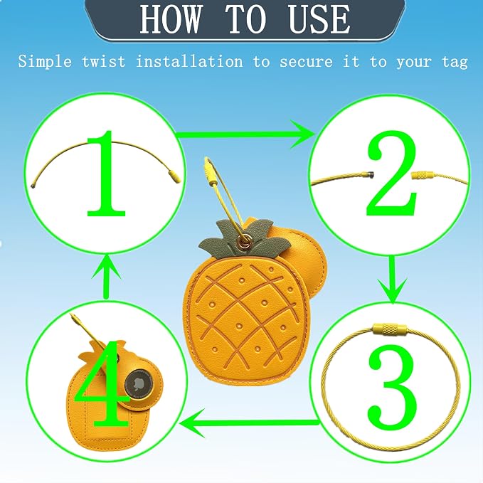 PU Leather Luggage Tag with Airtag Holder Case Set and Name ID Label | Hidden Compartment for AirTag Travel Suitcase Tracking Case with Stainless Steel Loop,Cute Fruit Plant Styles,Pineapple