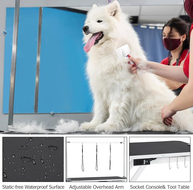 Garvee 47 in Electric Dog Grooming Table, Heavy Duty, Height Adjustable | w/Leveling Wheels, Dog Grooming Arm, Anti Slip Tabletop & Tool Organizer/Dog Grooming Station, White