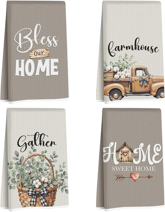 4 Pcs Pastoral Eucalyptus Kitchen Towels, Retro Truck & Basket Decorative Absorbent Microfiber Dish Cloth Tea Towel, Waffle Soft Hand Towels for Farmhouse Home Bathroom Decor, Housewarming Gifts