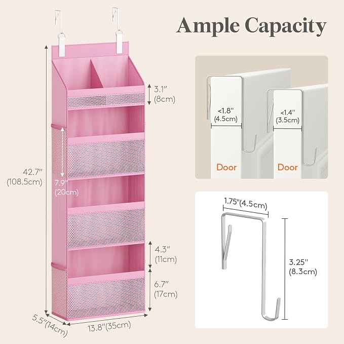 Lifewit 4 Tier Over the Door Organizer, Diaper Hanging Storage, Pink | Nursery Sturdy Large Heavy Duty Back of Door Shelf with 4 Mesh Side Pockets, for Baby Stuff Toy in Pantry, Laundry, Bathroom