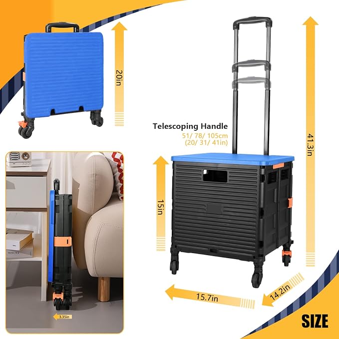 Foldable Utility Cart Collapsible Crate Rolling Carts Handcart Trolley Tool Box Basket 4 360°Noiseless Wheels Lid Telescoping Handle for Shop Grocery Luggage Move Office School Teacher (Blue)