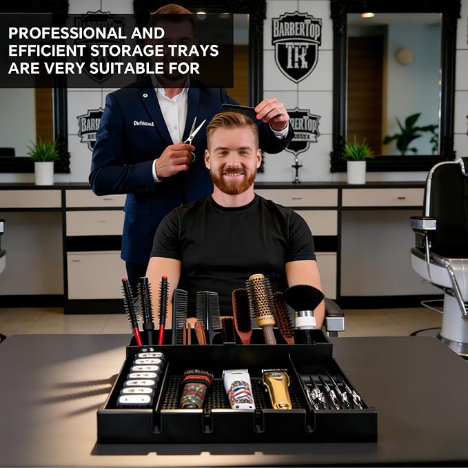 Barber Clippers Station, 15 x 11.8 x 4.3 inch Removable Tray Featuring Dedicated Clippers & Guards Slots and Scissor Razor Slots, for Barber&Salon and Home Stylist Accessories Station Organizer