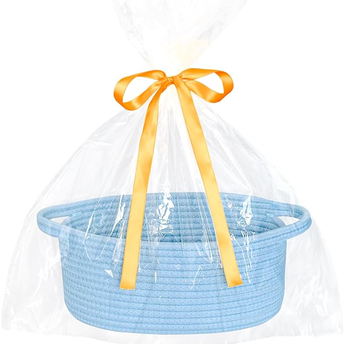 ABenkle Small Basket Empty Gift Basket, Decorative Boho Rope Woven Nursery Storage Organizer Dog Toy Baskets for Baby Showers Christmas Easter with Gift Bags and Ribbons, 12"X 8" X 5"