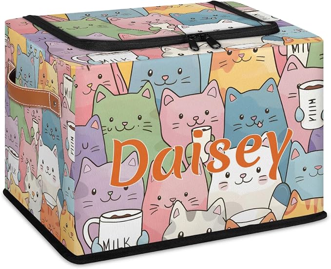 Custom Cute Cats Storage-Bin With Zipper Lid for Kids-Girls-Boys-Baby-Pet,Personalized Name Foldable Storage Box with Handle,Baby Basket With Label for Bedroom Nursery Toy Clothes,Multi
