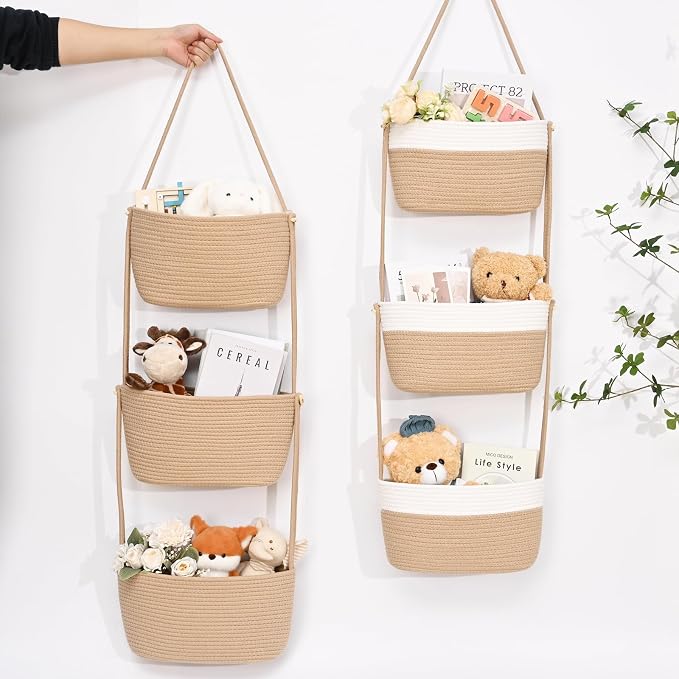 Hanging Basket, 3-Tier Woven Wall Basket with 4 Hooks, Cotton Rope Storage Baskets, Over the Door Organizer for Nursery, Bedroom, Cottage and Boho Wall Decor
