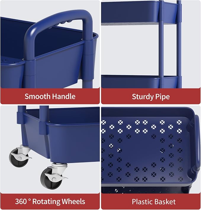 Sywhitta 3-Tier Plastic Rolling Utility Cart with Wheels for Storage,Blue | Multi-Functional Storage Trolley, for Office, Living Room, Kitchen, Bathroom,Movable Organizer,Space-Saving,Easy to assemble