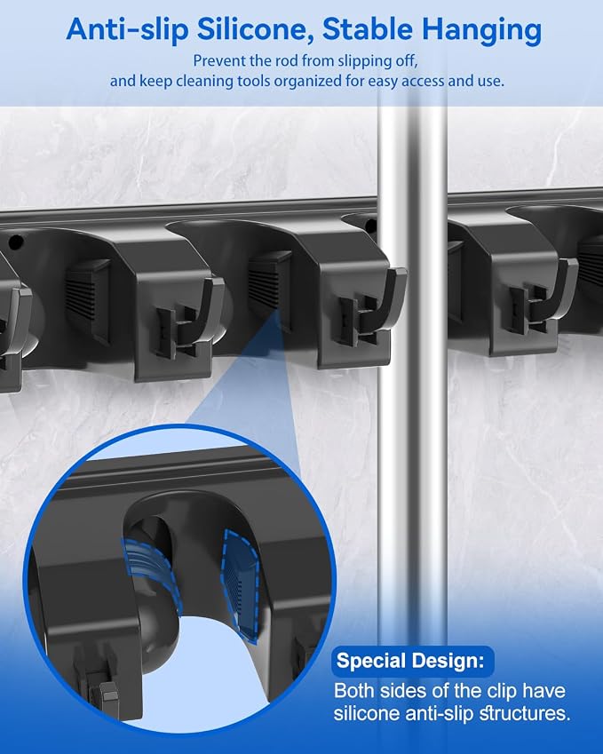 AceMining Broom Holder Wall Mounted, 5 Holders and 6 Hooks Mop Holder, ABS Plastic Brush Holder, Thick and Durable Mop and Broom Holder, Broom Storage, Broom Hook, Mop Wall Holder Black