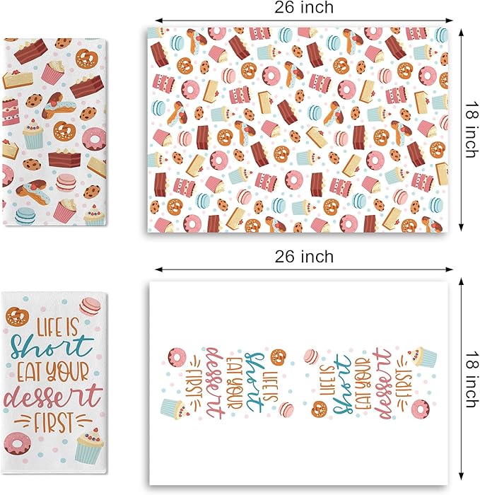 Life is Short Eat Your Dessert First Kitchen Dish Towels Set of 2, Sweet Cupcake Donut Cookie Macaron Drying Hand Towel Baking Cooking Cloth, Colorful Polka Dots Home Decor 18'' x 26''