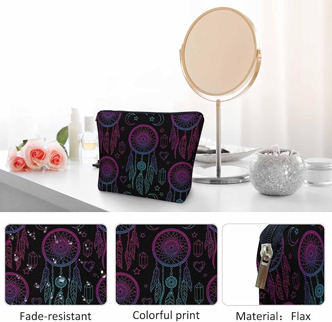 Dream Catcher Cosmetic Travel Bag For Toiletries, Native American Style Dreamcatcher Feathers Makeup Bag Toiletry Bags For Women, Flax Cosmetic Bags Make Up Bag Purse Toiletries Bag