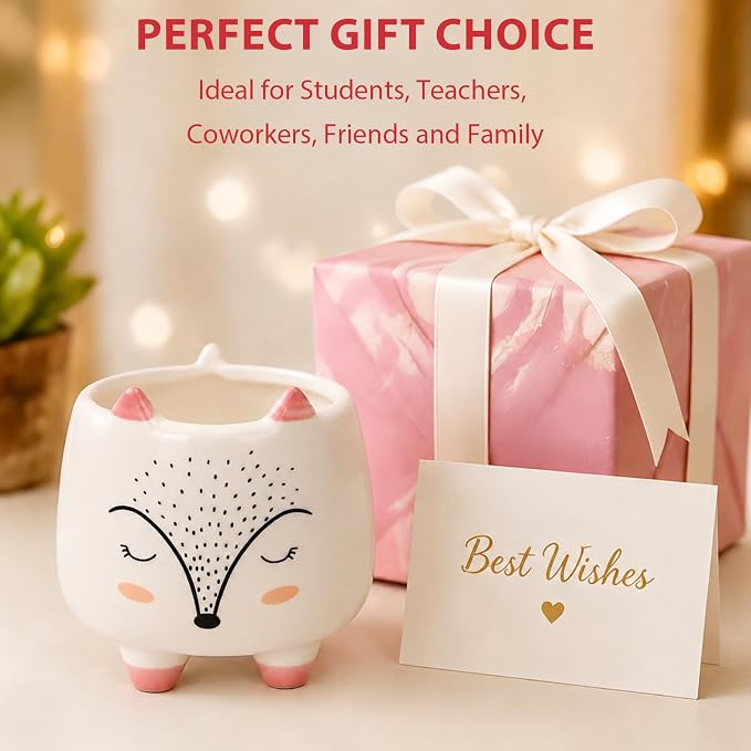 Ceramic Fox Shaped Pen Pencil Holder for Desk Decoration Accessories Fox Decor Makeup Brush Pen Cups Office School Ideal Gifts for Women, Mom or Birthdays