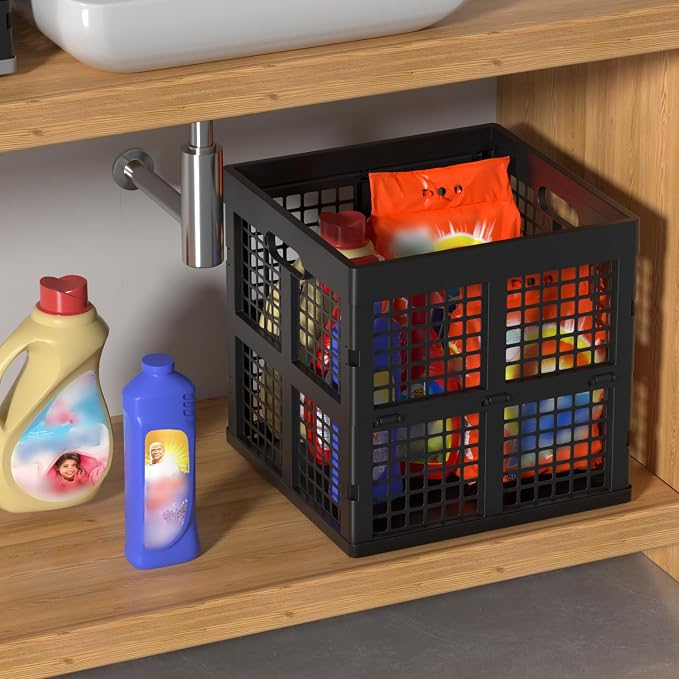 13 Inch Collapsible Milk Crate, Folding Storage Crates, 3 Packs | Stackable Black Foldable Crates Cube, 36 L