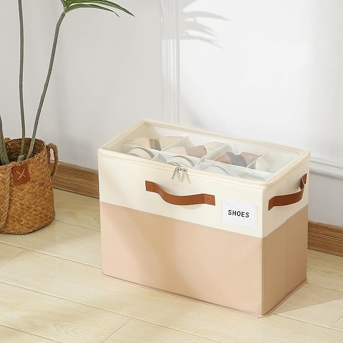 Varhomax Shoe Organizer Box for Closet, Small Fabric Shoe Storage Bin with Adjustable Dividers & Clear Cover, Saving Space Sneakers & Sandals Containers for Entryway, Cubby