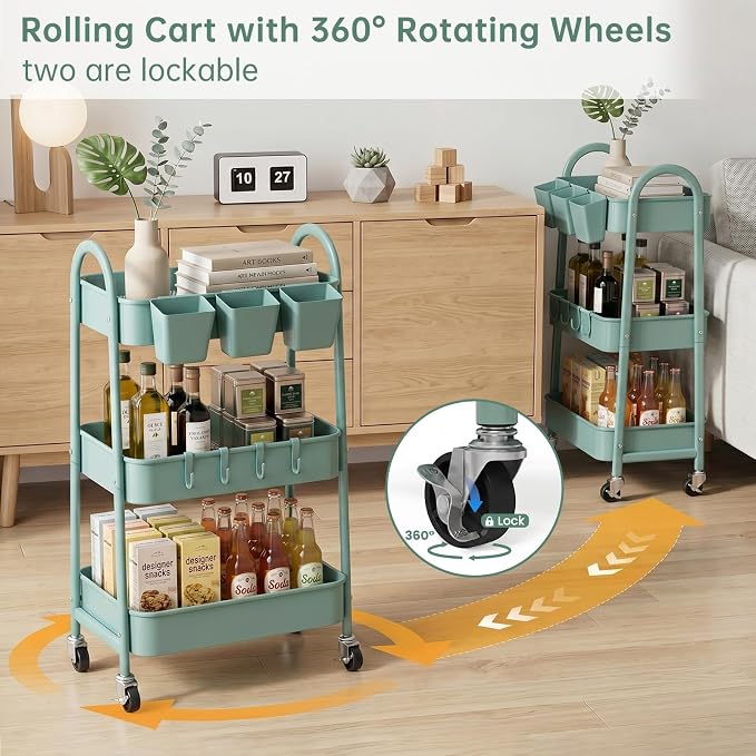 danpinera 3-Tier Rolling Cart, Utility Cart Mobile Metal Rolling Storage Cart with Lockable Wheels & Hanging Cups & Hooks for Kitchen, Bathroom, Office, Workshop, Green