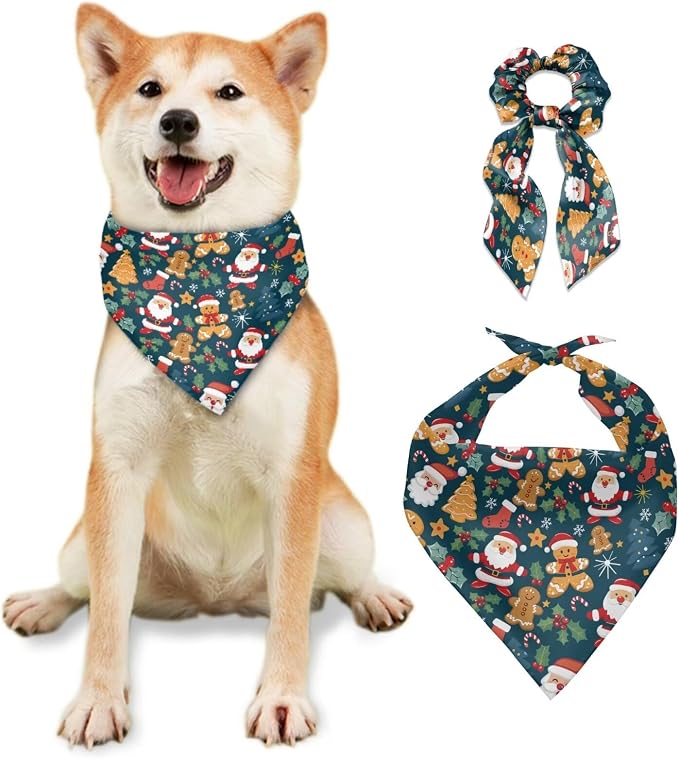COEQINE Dog Bandanas Small Breed Christmas Bow Hair Tie for Large Dogs Xmas Sock Navy Santa Claus Pattern Hair Tie Holder Organizer Set 2 Pcs Birthday Holiday Clothes Funny Cosplay